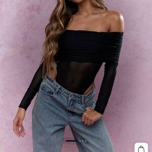 Missguided Black Off-Shoulder Mesh Long Sleeve Bodysuit